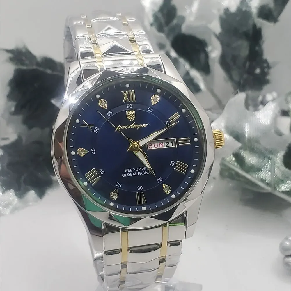 Men's Blue and Gold Poedagar Quartz Watch with Stainless Steel Band